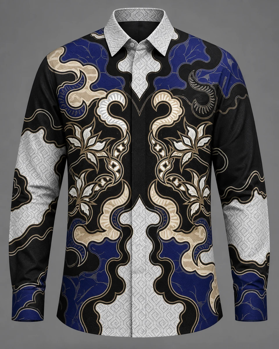 Mixara Tailored Arus Nusa men's batik shirt in blue accents in a dark sweeping composition