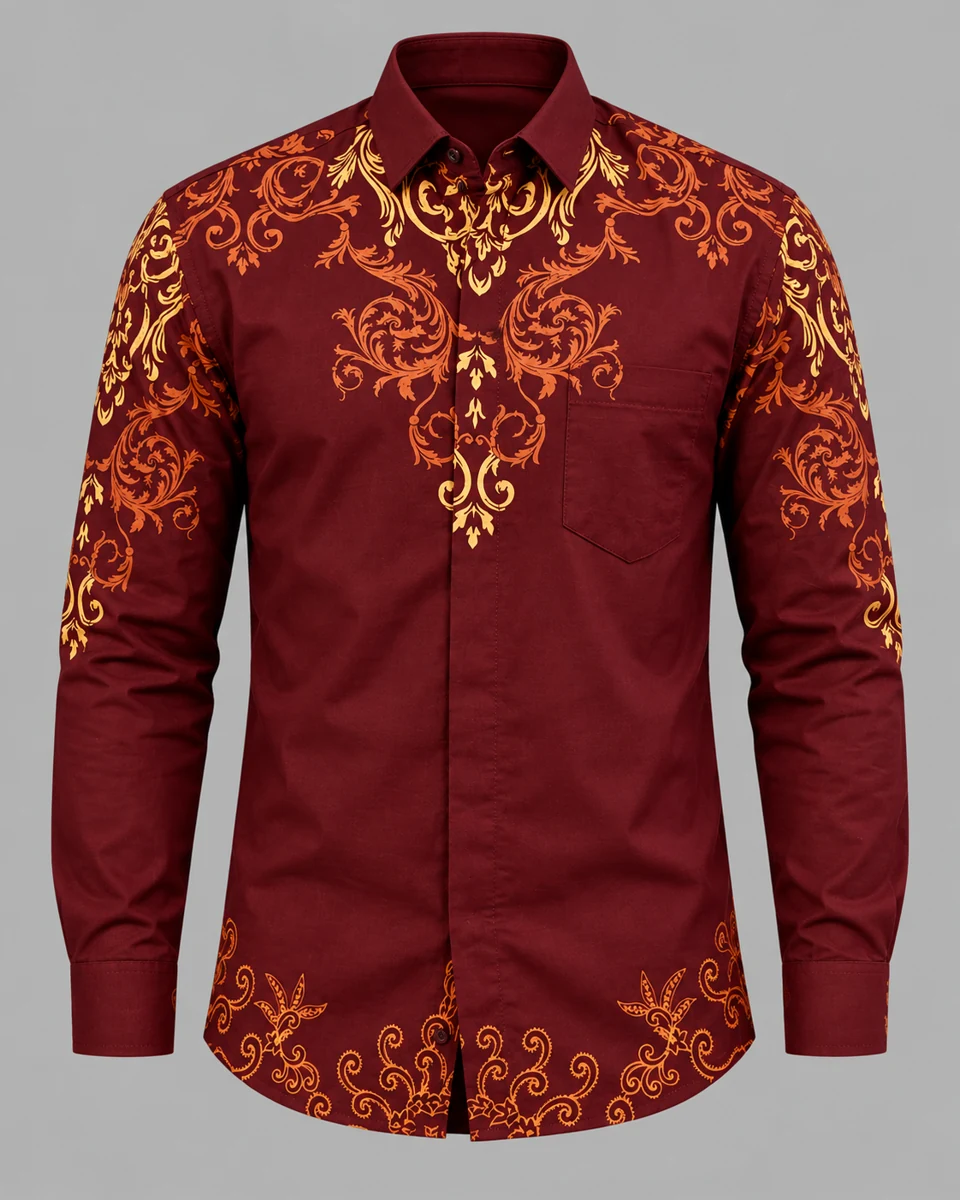 Mixara Tailored Sulur Wibawa men's batik shirt in deep maroon and gold ornament at the collar and hem