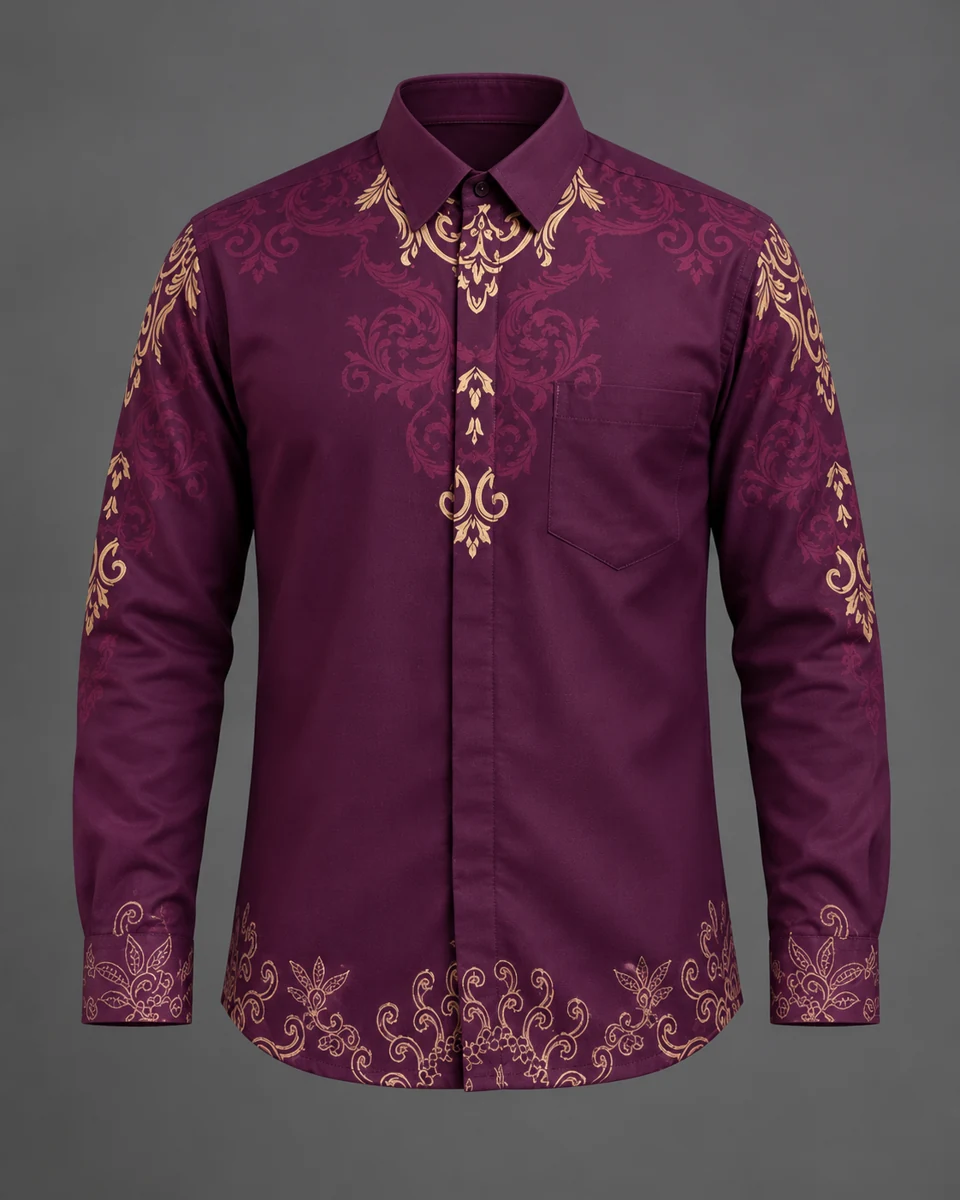 Mixara Tailored Sekar Laras men's batik shirt in wine-coloured fabric and small gold-toned ornament