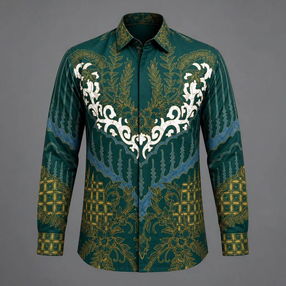 Mixara Tailored Rengga Puspa men's batik shirt in forest green and pale chest ornament