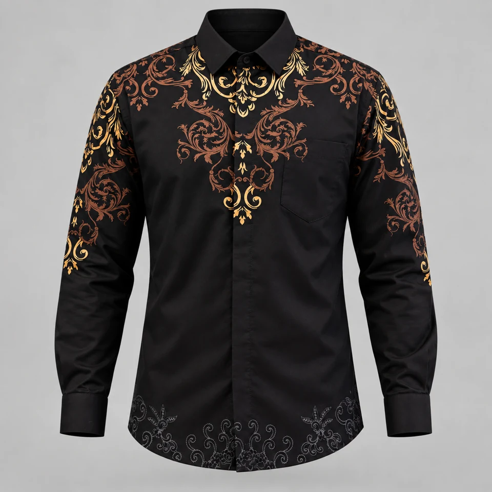 Mixara Tailored Laras Kencana men's batik shirt in black and gold ornament across the collar and chest