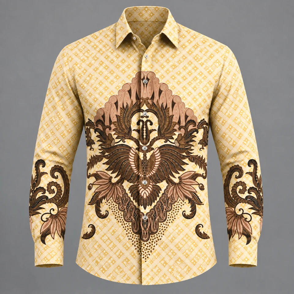 Mixara Tailored Sayap Nawasena men's batik shirt in sand and brown central ornament