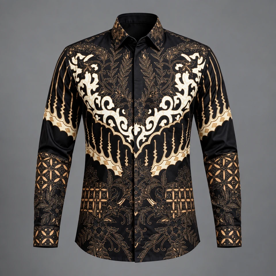 Mixara Tailored Untaian Puspa men's batik shirt in black and ivory ornate chest motif