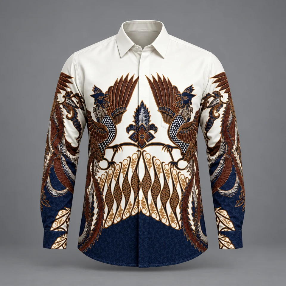 Mixara Tailored Sayap Cakrawala men's batik shirt in ivory base with layered brown and blue motifs
