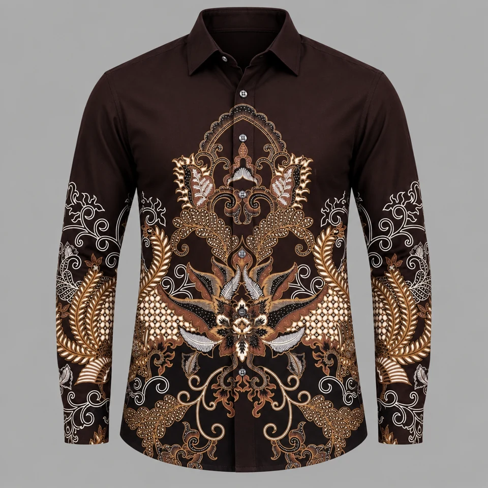 Mixara Tailored Mahkota Wira batik shirt with a crown-like central ornament and flowing botanical forms