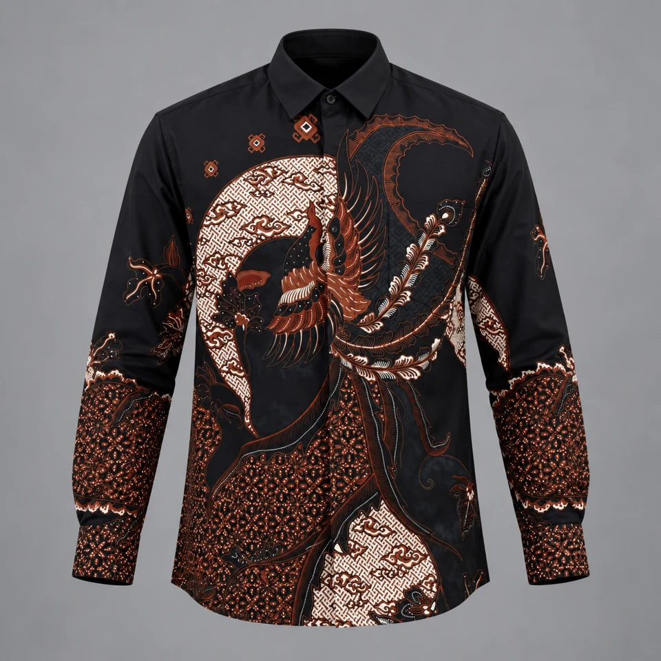 Mixara Tailored Lingkar Lelana men's batik shirt in black fabric with red-brown rounded motif