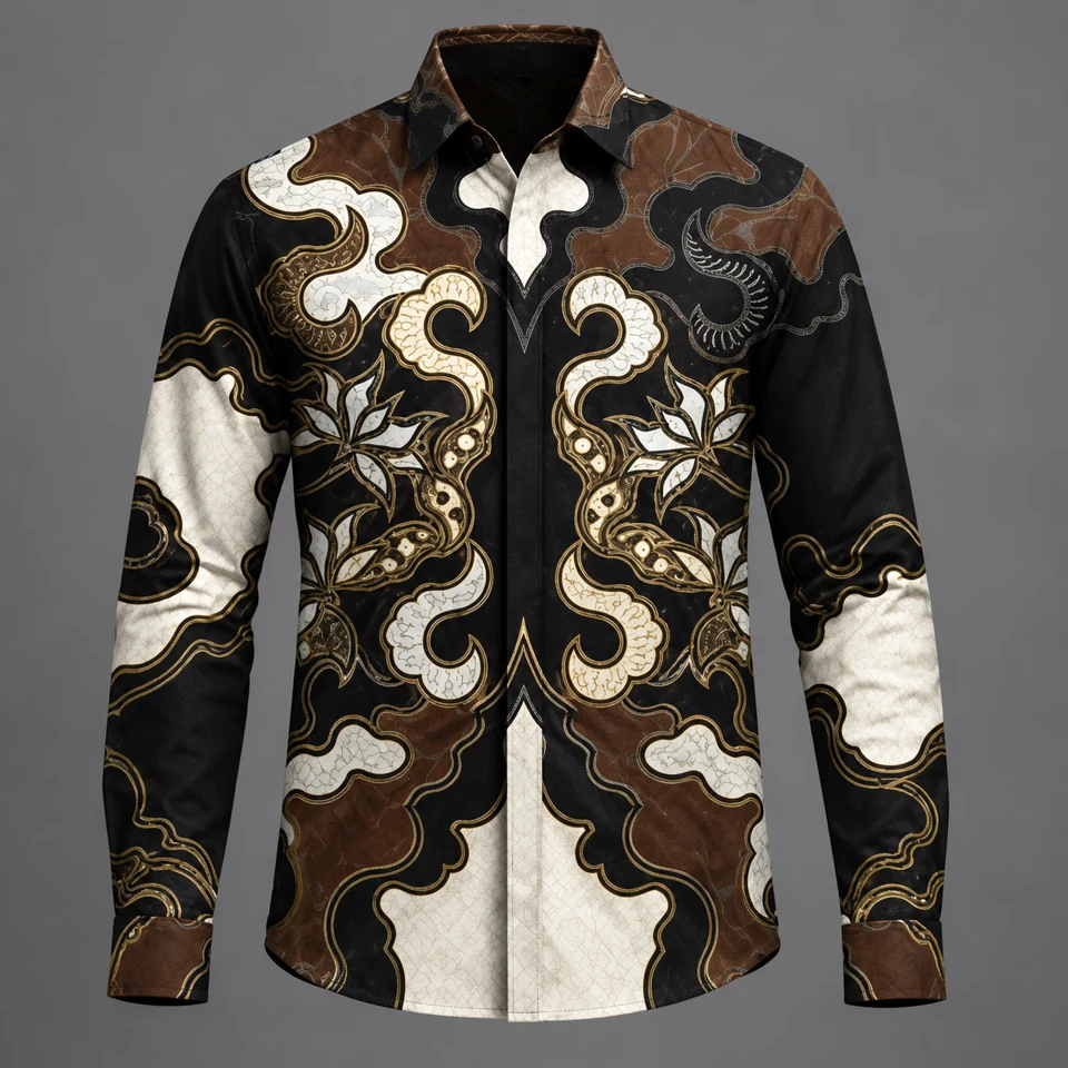 Mixara Tailored Alur Lelana men's batik shirt in black and pale flowing motifs