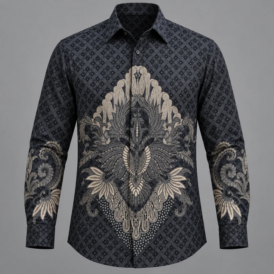 Mixara Tailored Mandala Wira men's batik shirt in dark grey fabric with a grey central motif