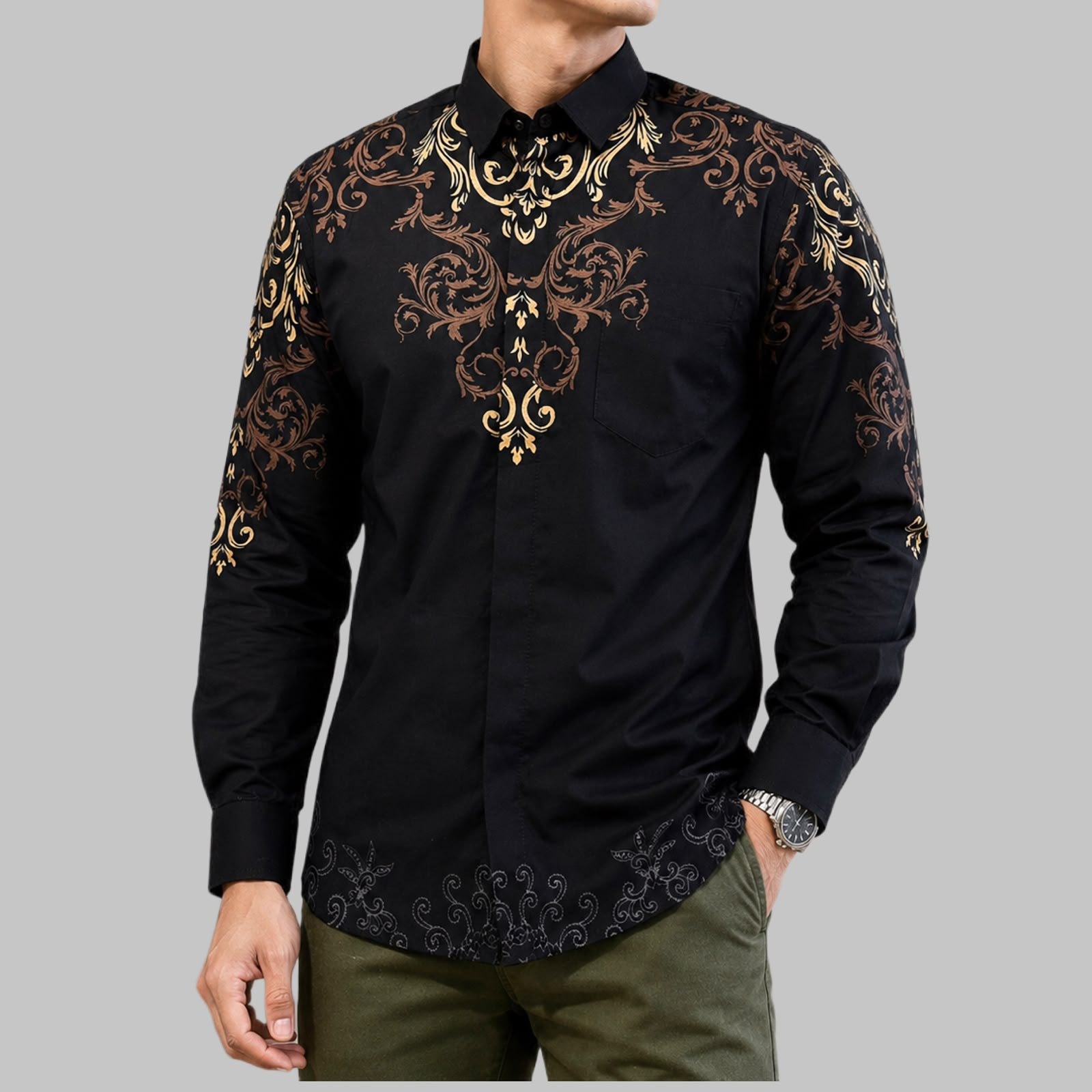 Mixara Tailored Laras Kencana men's batik shirt in black and gold ornament across the collar and chest