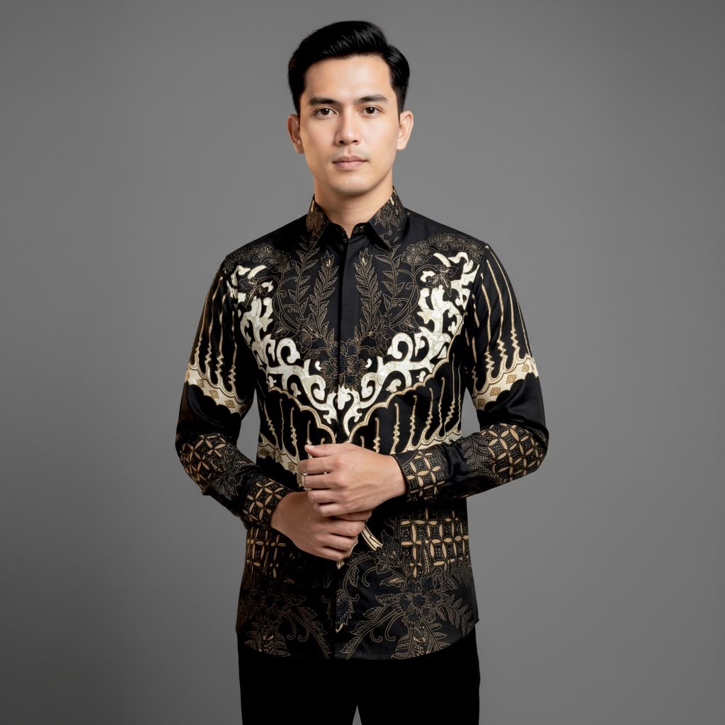 Mixara Tailored Untaian Puspa men's batik shirt in black and ivory ornate chest motif