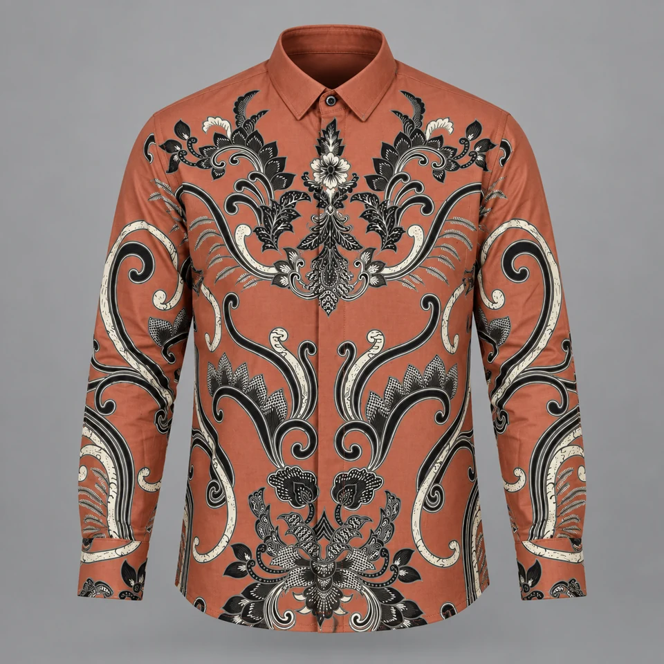 Mixara Tailored Sulur Pertiwi men's batik shirt in terracotta fabric with dark scrolling ornament